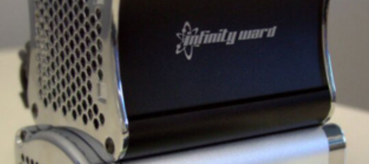 Infinity Ward release shot of Xi3 micro PC bearing studio's logo
