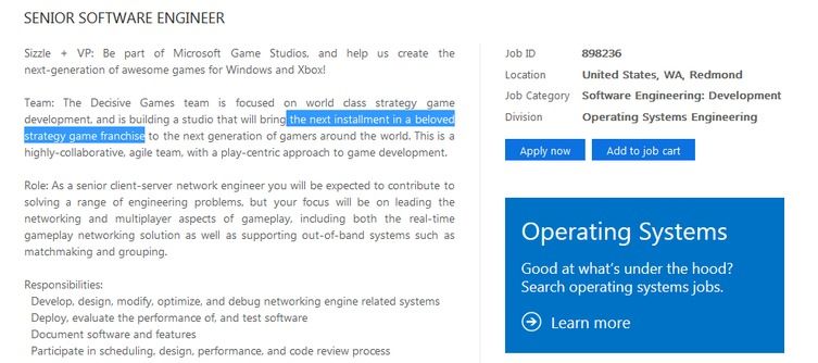 Microsoft posts job advert for a developer role on "beloved strategy game franchise"