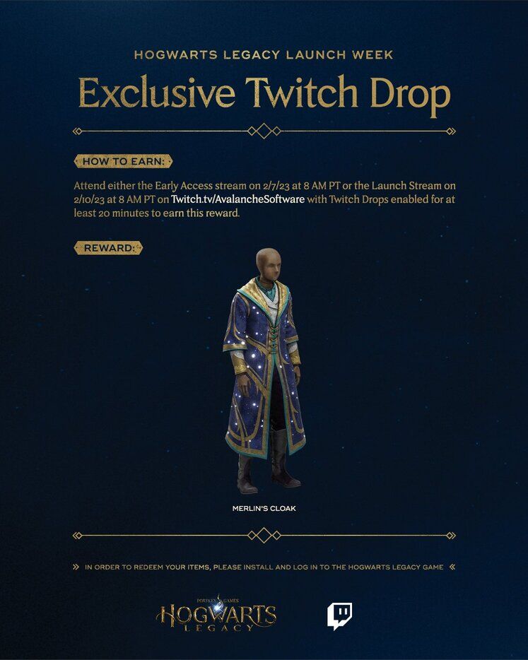 Hogwarts Legacy Twitch Drops - Merlin's Cloak and Other Launch Cosmetics